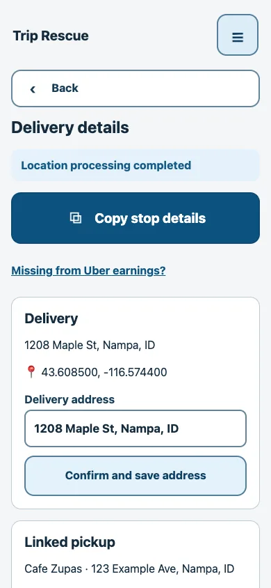 Trip Rescue delivery details and Copy stop details button